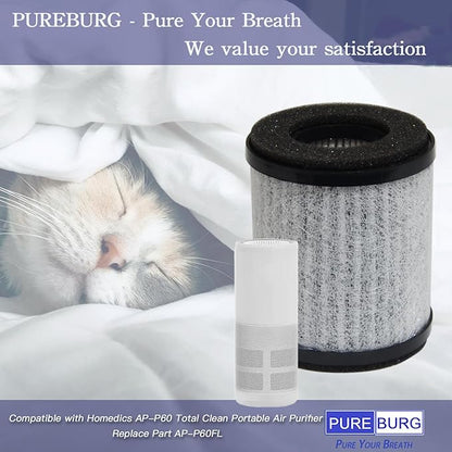 PUREBURG Replacement Filter Compatible with Homedics AP-P60 Total Clean Portable Air Purifier AP-P60FL,6-Pack H13 HEPA 3-Stage Filtration For Air Clean Dust VOCs Odor