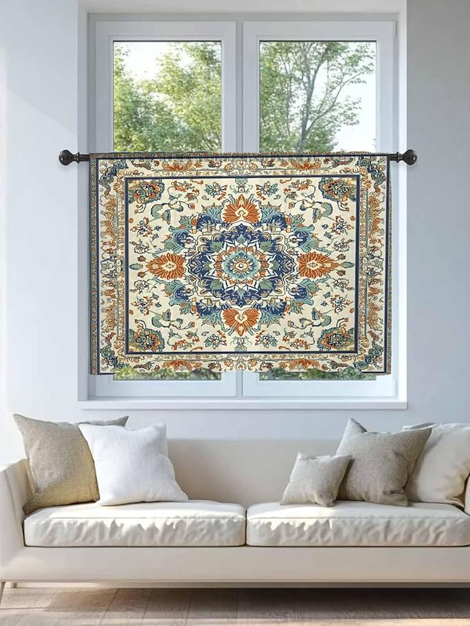 Sheer Curtains 45 Inch Length, Southwest Farmhouse Semi Sheer Curtains Light Filtering Window Treatment, Orange Blue Desert Bohemian Privacy Voile Drapes for Living Room Bedroom 52x45 Inch