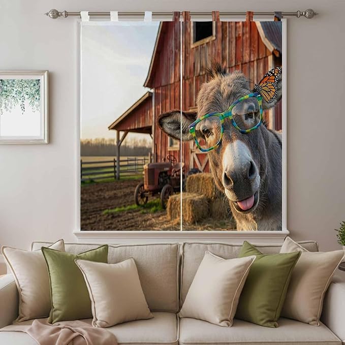 Farm Donkeys Bedroom Curtains 72 Inch Length, Window Curtains Tab Top, Farmhouse Barn Funny Animals Butterfly Light Filtering Window Treatments Drapes 52"x72" 2 Panel
