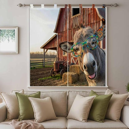 Farm Donkeys Living Room Curtains 84 Inch Length, Window Curtains Tab Top, Farmhouse Barn Funny Animals Butterfly Light Filtering Window Treatments Drapes 42"x84" 2 Panel