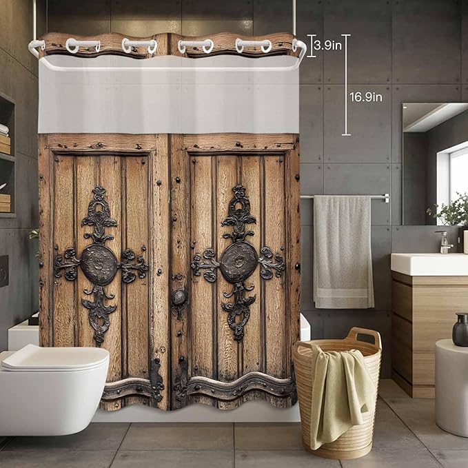 Wood Barn Door No Hook Shower Curtain with Snap in Liner Set, Waterproof Shower Curtains for Bathroom, Wooden Plank Fabric Shower Curtain, See Through Mesh Top Window, 48" W x 72" L
