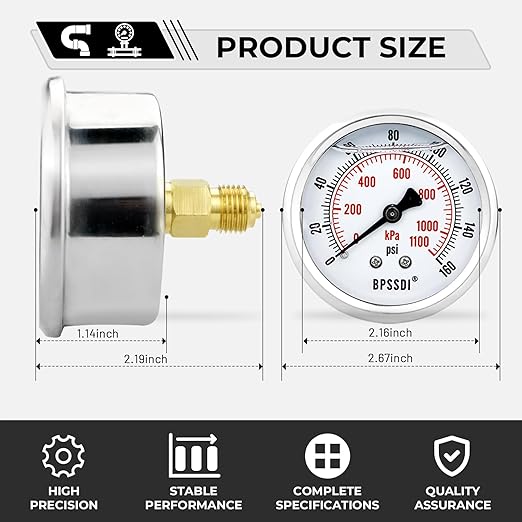 0-160 Psi Glycerin Liquid Filled Low Pressure Gauge, 2.5" Dial Size, 1/4" G Back Mount, 304 Stainless Steel Case, for Water Pipe, HVAC, Water Oil Air Pressure Test