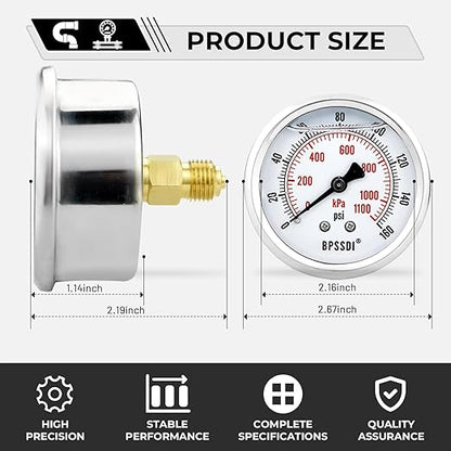 0-160 Psi Glycerin Liquid Filled Low Pressure Gauge, 2.5" Dial Size, 1/4" G Back Mount, 304 Stainless Steel Case, for Water Pipe, HVAC, Water Oil Air Pressure Test