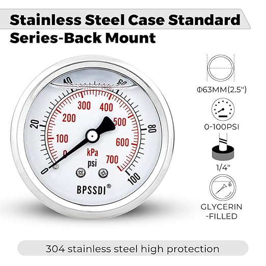 0-100Psi Glycerin Liquid Filled Low Pressure Gauge, 2.5" Dial Size, 1/4" G Back Mount, 304 Stainless Steel Case, for Water Pipe, HVAC, Water Oil Air Pressure Test
