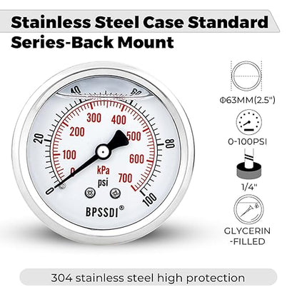 0-100Psi Glycerin Liquid Filled Low Pressure Gauge, 2.5" Dial Size, 1/4" G Back Mount, 304 Stainless Steel Case, for Water Pipe, HVAC, Water Oil Air Pressure Test