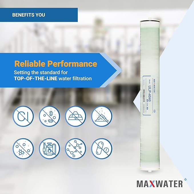 Max Water ULP-4040 Reverse Osmosis 4" x 40" RO Membrane, 2600 GPD | ULP 4040 For Water Purification Desalination Commercial, Industrial, Agricultural | Compatible with Dow Filmtec AG4040FF, TW30-4040
