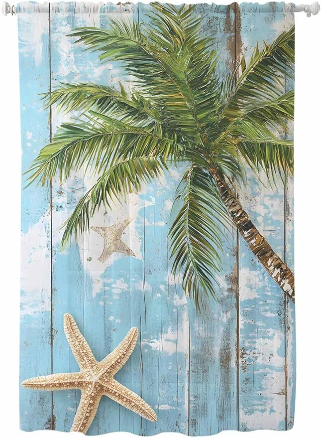 Sheer Curtains 63 Inch Length, Coastal Beach Blue Semi Sheer Curtains Light Filtering Window Treatment, Tropical Coconut Tree Vintage Wood Grain Privacy Voile Drapes for Living Room Bedroom 52x63 Inch
