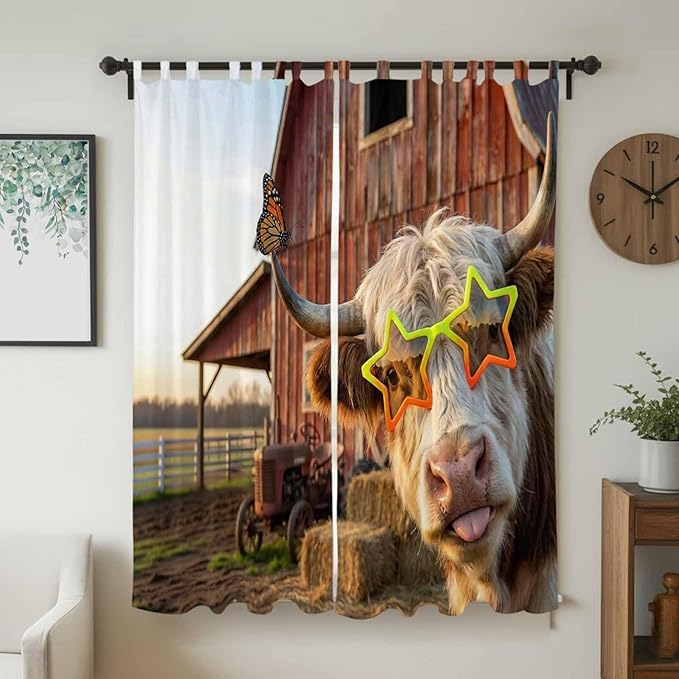 Farm Yaks Living Room Curtains 84 Inch Length, Window Curtains Tab Top, Farmhouse Barn Funny Animals Butterfly Light Filtering Window Treatments Drapes 52"x84" 2 Panel