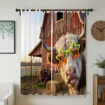 Farm Yaks Living Room Curtains 84 Inch Length, Window Curtains Tab Top, Farmhouse Barn Funny Animals Butterfly Light Filtering Window Treatments Drapes 52"x84" 2 Panel