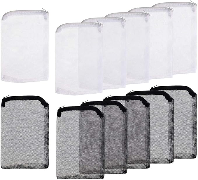 12Pcs Aquarium Filter Bags Fish Tank Mesh Media Filter Bags Carbon Filter Bags Net Bag with Zipper for Charcoal Pelletized Remove Activated Carbon, Biospheres, Ceramic Rings, Black and White