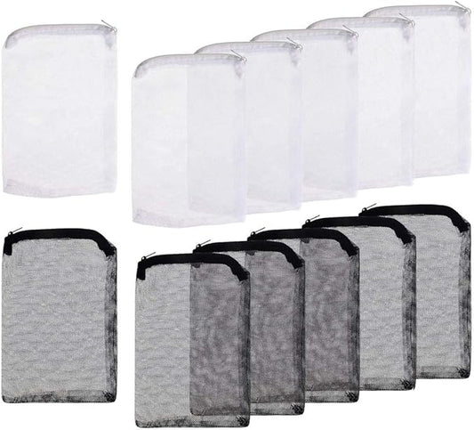 12Pcs Aquarium Filter Bags Fish Tank Mesh Media Filter Bags Carbon Filter Bags Net Bag with Zipper for Charcoal Pelletized Remove Activated Carbon, Biospheres, Ceramic Rings, Black and White