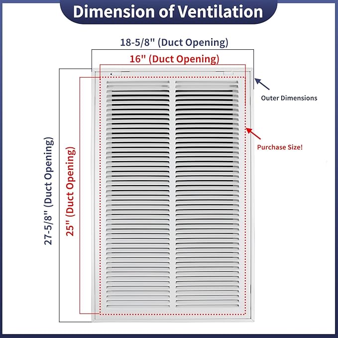16"W x 25"H [Duct Opening Size] Steel Return Air Filter Grille - Removable Face/Door for 1 inch Filters -HVAC Vent Cover Grill - White [Outer Dimensions: 18 5/8"W X 27 5/8"H]