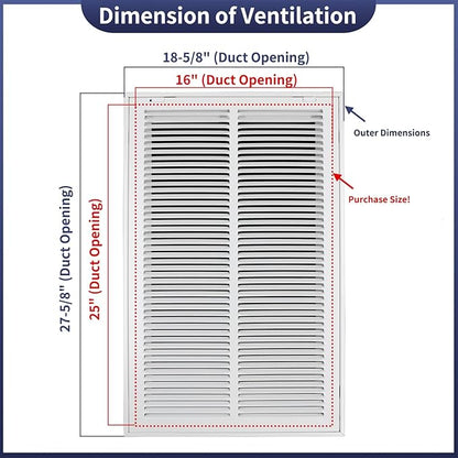 16"W x 25"H [Duct Opening Size] Steel Return Air Filter Grille - Removable Face/Door for 1 inch Filters -HVAC Vent Cover Grill - White [Outer Dimensions: 18 5/8"W X 27 5/8"H]