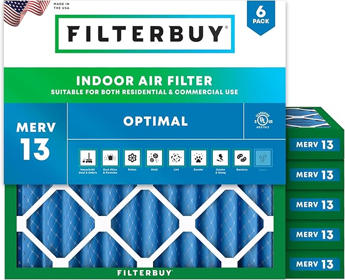 Filterbuy 25x25x2 Air Filter MERV 13 Optimal Smoke & Allergy Defense (6-Pack), Electrostatic Pleated HVAC AC Furnace Filters Replacement, Made in USA (Actual Size: 24.50 x 24.50 x 1.75)