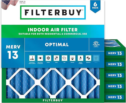 Filterbuy 10x10x2 Air Filter MERV 13 Optimal Smoke & Allergy Defense (6-Pack), Electrostatic Pleated HVAC AC Furnace Filters Replacement, Made in USA (Actual Size: 9.50 x 9.50 x 1.75)