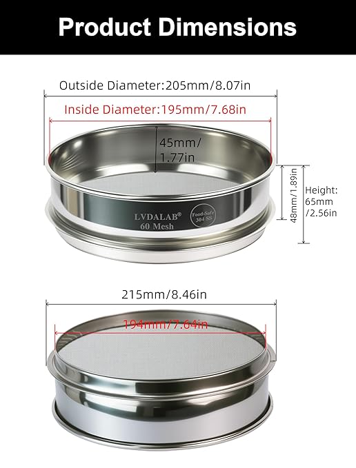 All 304 Stainless Steel 60 Mesh Test Sieve (0.3mm Aperture), 8 Inch/20cm Diameter, Flour Sifter & Lab Strainer, Fine Wire Mesh Screen for Baking, Sand Analysis & 3D Printing Powder