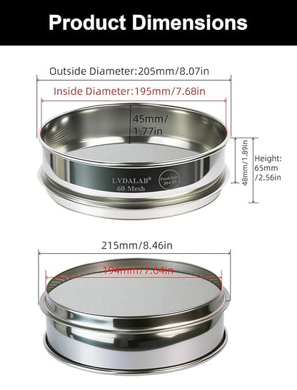 All 304 Stainless Steel 60 Mesh Test Sieve (0.3mm Aperture), 8 Inch/20cm Diameter, Flour Sifter & Lab Strainer, Fine Wire Mesh Screen for Baking, Sand Analysis & 3D Printing Powder