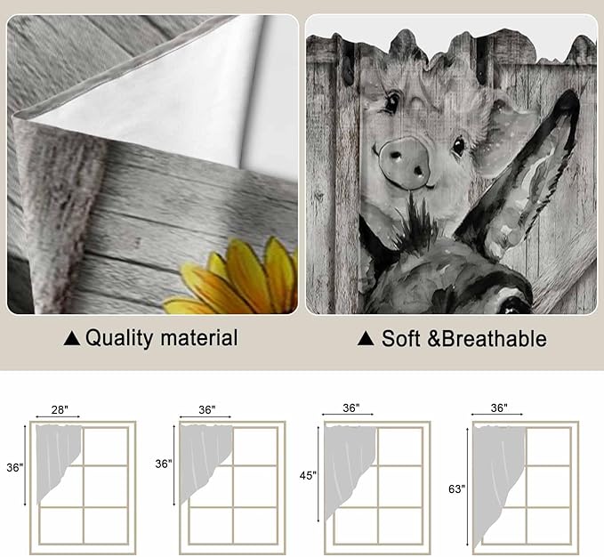 Funny Farm Animals Swag Valances for Windows, Vintage Barn Grey Sunflowers Rod Pocket Kitchen Curtains Valance, Kitchen Window Curtains Swag for Cafe Bathroom Living Room, 2 Panels, 36x63 inch