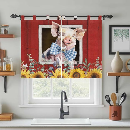 Pig Sunflowers Bedroom Curtains 63 Inch Length, Window Curtains Tab Top, Eucalyptus Leaves Floral Bees Red Barn Light Filtering Window Treatments Drapes 42"x63" 2 Panel