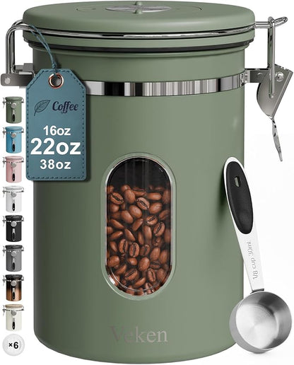 Veken Coffee Canister with Window, Airtight Stainless Steel Kitchen Food Storage Container with Lids, Date Tracker and Scoop for Grounds Coffee, Beans, Tea, Flour, Cereal, Sugar Jars, 22OZ, Green