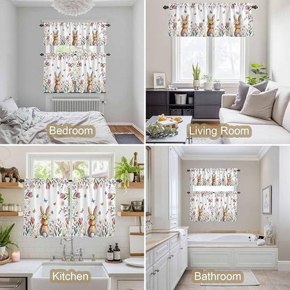 Kitchen Curtains Tiers and Valance Set of 3, Easter Light Filtering Window Curtain Set, Spring Flowers Wreath Rabbit Budding Florals Rod Pocket Curtain Drapes for Cafe, Living Room, 36 Inches Tiers