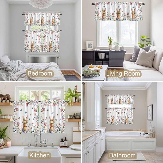 Kitchen Curtains Tiers and Valance Set of 3, Easter Light Filtering Window Curtain Set, Spring Flowers Wreath Rabbit Budding Florals Rod Pocket Curtain Drapes for Cafe, Living Room, 24 Inches Tiers