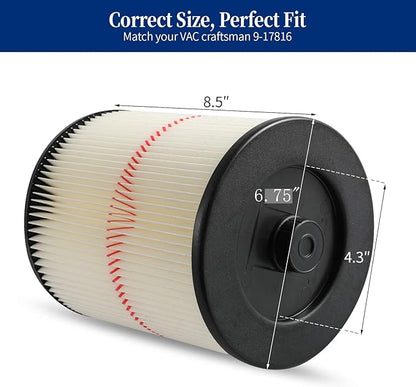 2 Pack Red Stripe Cartridge Filter Compatible with Craftsman 17816 9-17816 Wet Dry Vac fit 5 Gallon and Larger Vacuum Cleaner