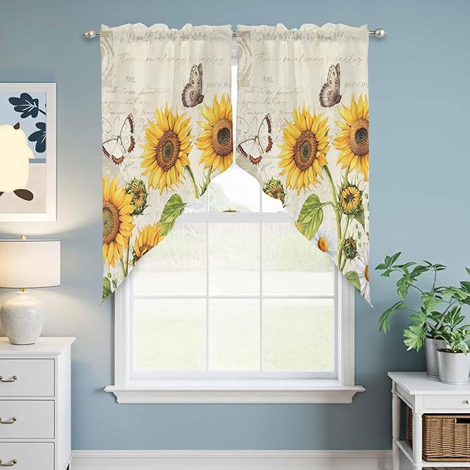 Farm Sunflowers Swag Valances for Windows, Retro Flowers Butterfly Botanical Beige Rod Pocket Kitchen Curtains Valance, Small Window Curtains Swag for Cafe Bathroom Living Room, 2 Panels, 36x36 inch
