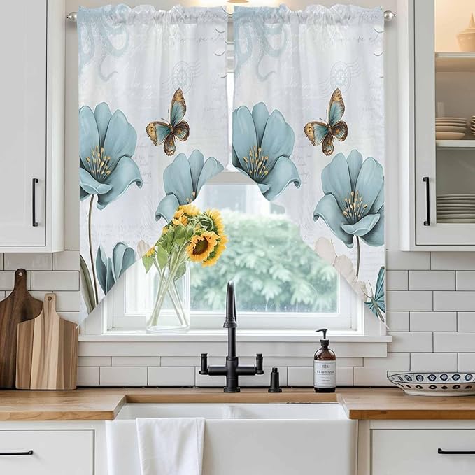 Blue Tulips Swag Valances for Windows, Watercolor Flowers Butterfly Spring Farmhouse Blue Rod Pocket Kitchen Curtains Valance, Kitchen Window Curtains Swag for Cafe Living Room, 2 Panels, 36x63 inch