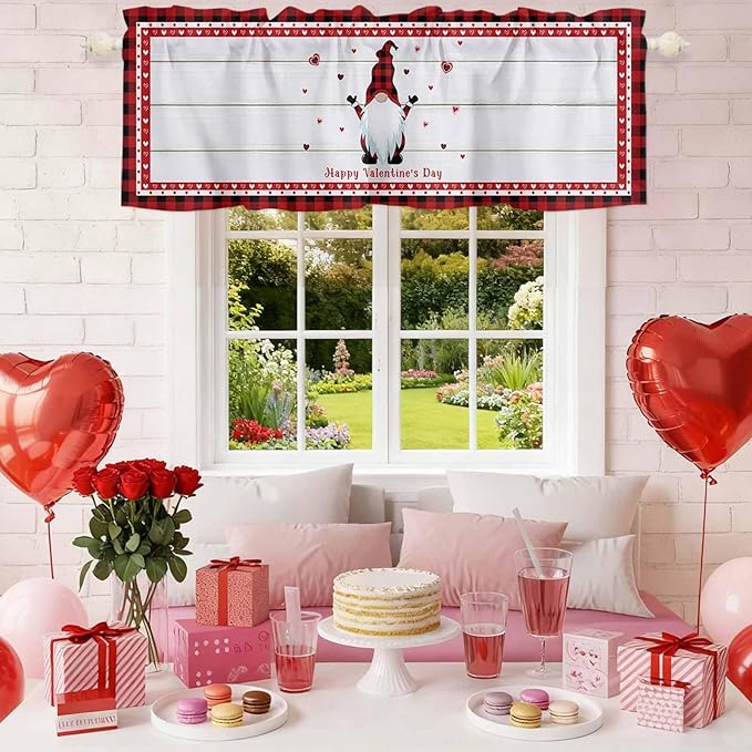 Valentine's Day Valance Curtains for Kitchen, Gnome Red Love Plaid Wood Grain Privacy Rod Pocket Valance Curtain, Light-Filtering Window Treatment for Bedroom Bathroom, 60"x14"