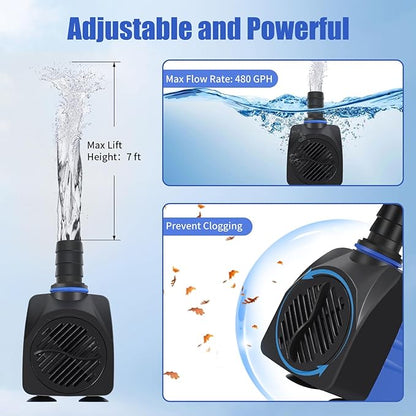 AQUANEAT Fountain Pump, 480 GPH Submersible Water Pump with 5 ft Tubing, for Aquarium Fish Tank, Pet Water Fountain, Hydroponics, Pond Waterfall Filter Pump
