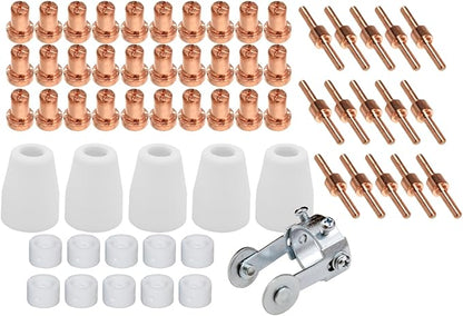 61Pcs PT31 Plasma Cutting Consumables with PT-31 Roller Guide Fit CUT-40 CUT-45 CUT-50D JG-40 LG-40 CT-312 Plasma Cutter Torch Nozzle Electrode Accessories