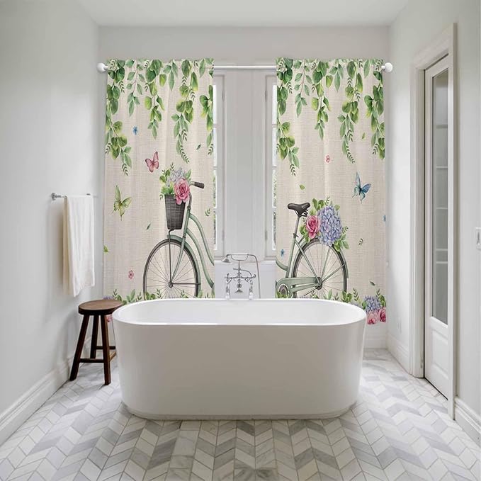 Farmhouse Spring Kitchen Curtains, Retro Bicycles Flowers Vines Butterfly Light Filtering Window Curtain Panels, 2Pcs Rod Pocket Window Treatments Set for Living Room Bathroom Bedroom 52x72 Inches