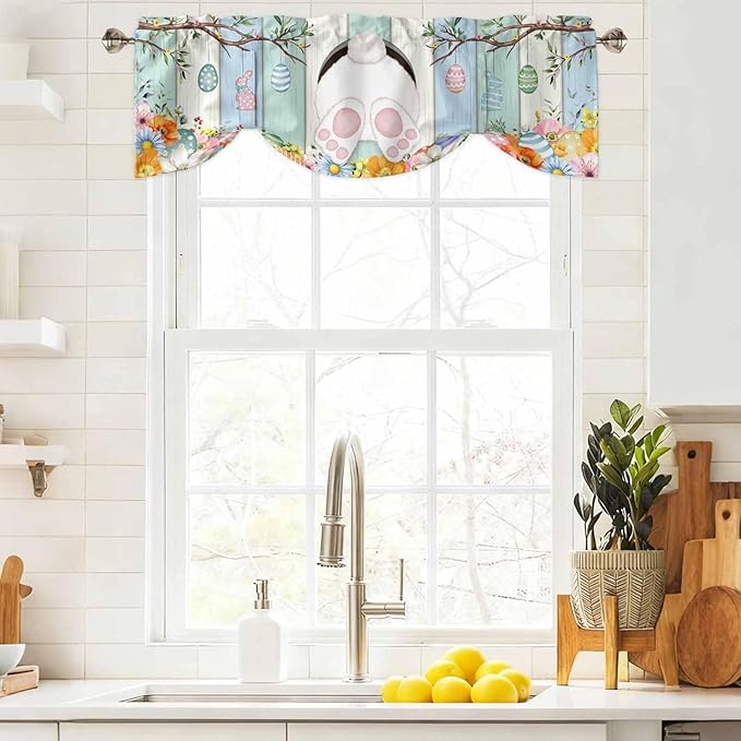 Easter Tie Up Valance Curtains for Windows, Kitchen Curtains Window Shades, Spring Watercolor Bunny Eggs Wood Grain Teal Blue Light Filtering Roman Curtain Valances for Bedroom/Bathroom/Cafe 42"x12"
