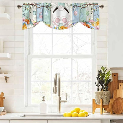 Easter Tie Up Valance Curtains for Windows, Kitchen Curtains Window Shades, Spring Watercolor Bunny Eggs Wood Grain Teal Blue Light Filtering Roman Curtain Valances for Bedroom/Bathroom/Cafe 42"x12"