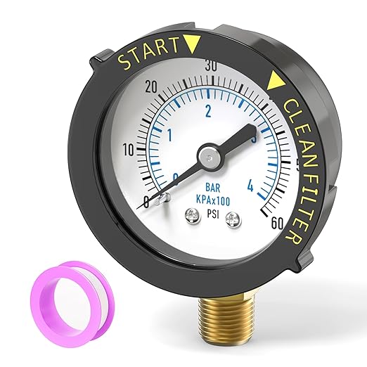 0-60PSI Pool Filter Pressure Gauge, 1/4" NPT Lower Mount, with Plastic Adjustable Bezel, Start and Clean Filter Pressure Gauge, for Swimming Pool, spa, Aquarium