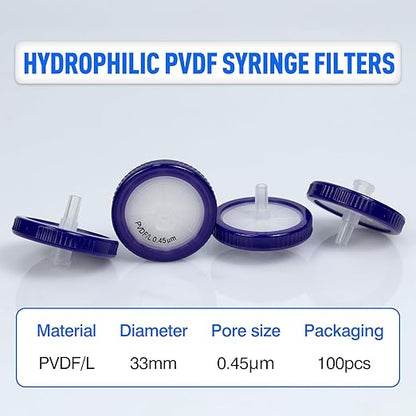 Syringe Filters Hydrophilic PVDF 33 mm 0.45 um,100pcs