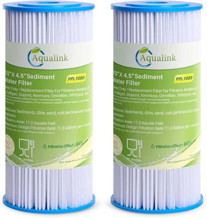 AQUALINK PPL10BB 10" x 4.5" Whole House Pleated Sediment Filter for Well Water, Replacement Cartridge for GE FXHSC, Culligan R50-BBSA, Pentek R50-BB, WFHDC3001, W50PEHD, GXWH40L, 2PACK