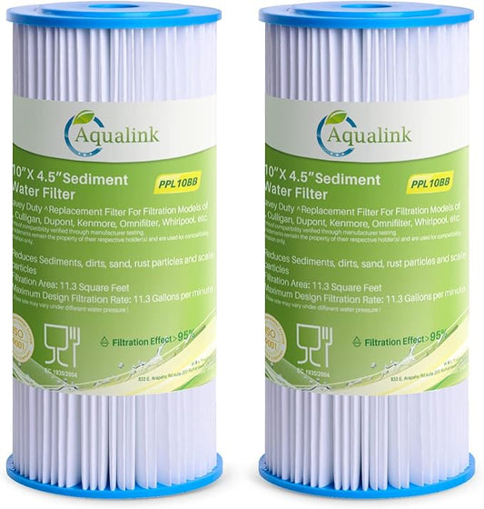 AQUALINK PPL10BB 10" x 4.5" Whole House Pleated Sediment Filter for Well Water, Replacement Cartridge for GE FXHSC, Culligan R50-BBSA, Pentek R50-BB, WFHDC3001, W50PEHD, GXWH40L, 2PACK
