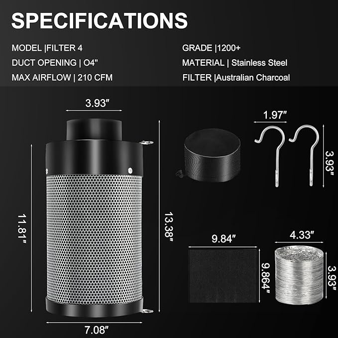 Atour 4'' Air Filtration Kit – 12-Speed Control, Quiet 14cm Fan & Carbon Filter. Includes 6.7' Ducting + Vent Cover. Perfect for Grow Tents, Indoor Gardens. Cool, Ventilate, Banish Odors – All-in-One.