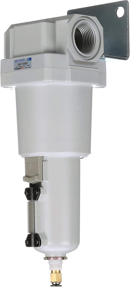 PneumaticPlus SAF600-N10BD-MEP Compressed Air Particulate Filter 1" NPT, 10 Micron - Metal Bowl w/Auto Drain, Bracket