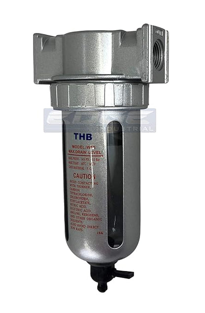 MID FLOW PARTICULATE FILTER/WATER TRAP FOR AIR COMPRESSOR COMPRESSED AIR LINES, 5u WITH POLY BOWL AND METAL BOWL GUARD (3/8" NPT)