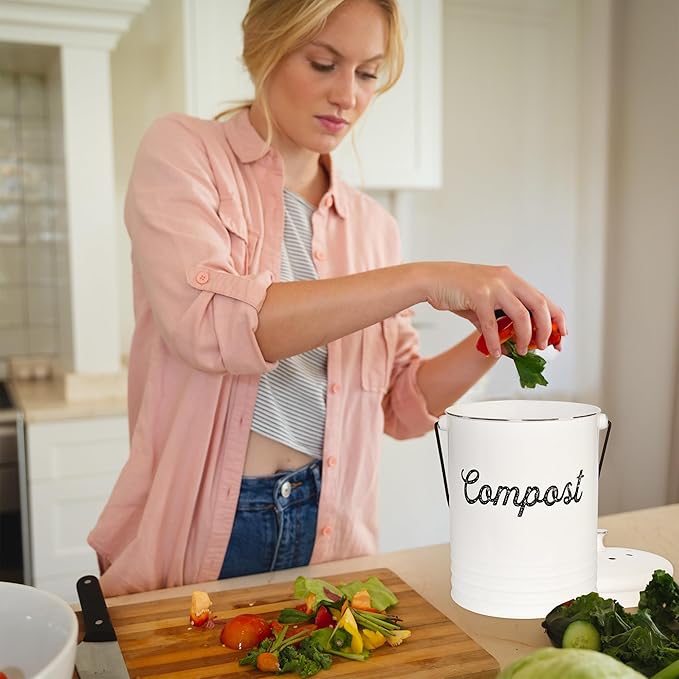 AuldHome Design Kitchen Compost Bin for Countertop | 1.3 Gallon Composting Bucket with Lid | Includes 3 Charcoal Filters | (White Enamel)