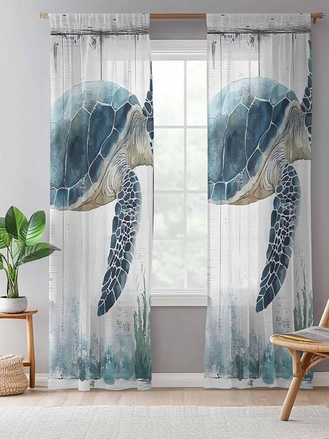 Sheer Curtains 108 Inches Long, Sea Turtle Teal Blue Semi Sheer Curtains Light Filtering Window Treatment, Summer Coastal Ocean Wood Grain Privacy Voile Drapes for Living Room Bedroom 52x108 Inch