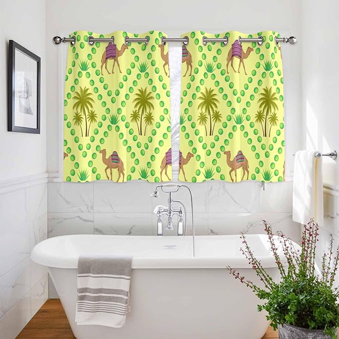 2 Panel Kitchen Cafe Curtains, Desert Sand Camels Sunlight Filtering Nature Air Through, Window Decor Tier Curtains for Living Room 104W x 52L inch Palm Trees Tropical Plants Polka Dot Yellow