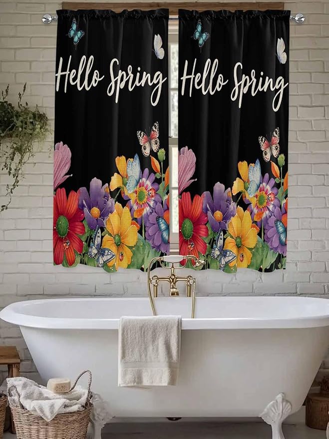 Spring Flowers Bedroom Curtains 63 Inches length, Watercolor Country Colorful Floral Black Window Treatment Curtain Drapes, Rod Pocket Curtain Panels for Living Room Kitchen, 42"x63", 2 Panels