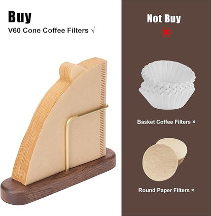 Cone Coffee Filter Holder, Stand Coffee Filter Storage, Coffee Filter Container for V60 Paper Coffee Filters Size #01 and #02, Walnut & Brass