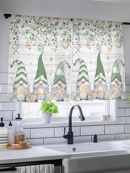 Sheer Curtains 45 Inch Length, Coastal Eucalyptus Leaf Semi Sheer Curtains Light Filtering Window Treatment, Sage Green Gnomes Starfish Privacy Voile Drapes for Living Room Bedroom 52x45 Inch