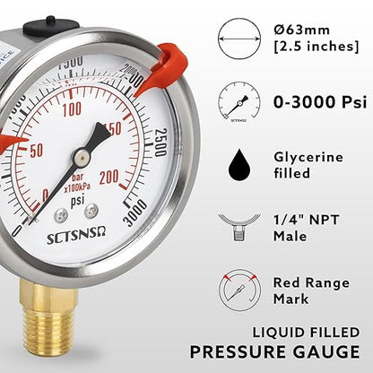 0 to 3000 Psi Pressure Gauge, Glycerin Liquid Filled, 2.5 inch Dial, 1/4" NPT Lower Mount, Stainless Steel Case, for Regulator, Brew Setup, Beer, Kombucha, HVAC, Hydraulic, High Pressure Test