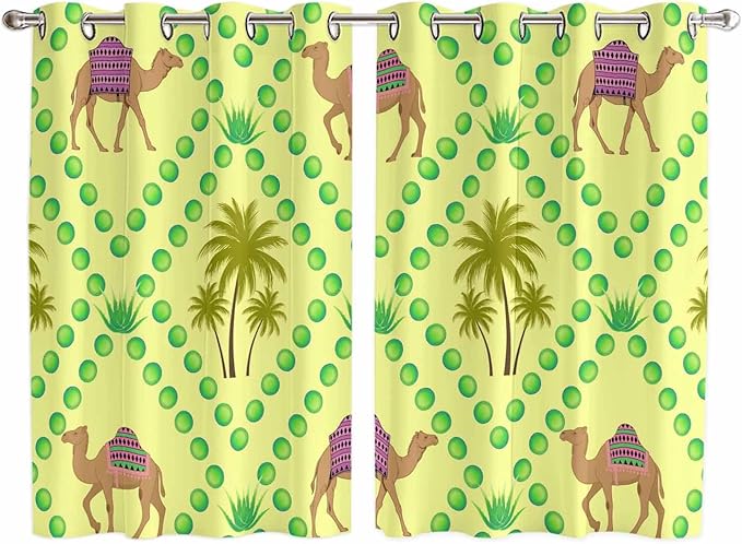 2 Panel Kitchen Cafe Curtains, Desert Sand Camels Sunlight Filtering Nature Air Through, Window Decor Tier Curtains for Living Room 104W x 63L inch Palm Trees Tropical Plants Polka Dot Yellow